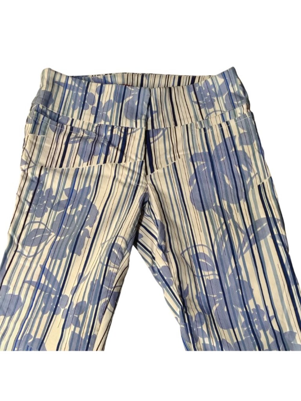 Necessary Objects Blue White Floral Stripe Pull On Pants Bootcut XS USA 26x32 - Picture 3 of 13